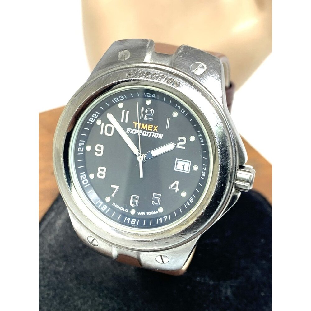 Timex Men's Watch Expedition Quartz Indiglo Gunmetal Brown Leather Strap 40mm